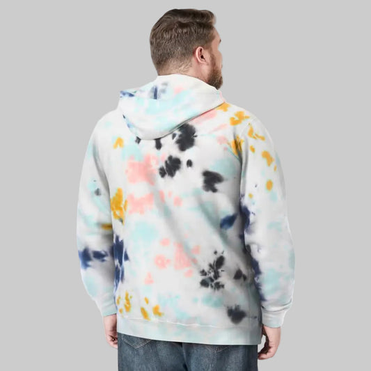 Cool blue marble fleece pullover hoodie with big and tall fit, front pouch pocket, ribbed cuffs, and adjustable drawstring hood on a plain background.