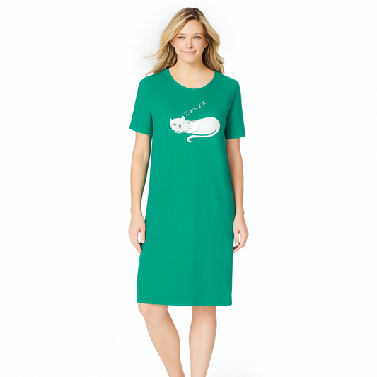 Women’s emerald green short sleeve sleepshirt with fun prints, relaxed fit, 40-inch length, and soft cotton fabric for comfort and lounging