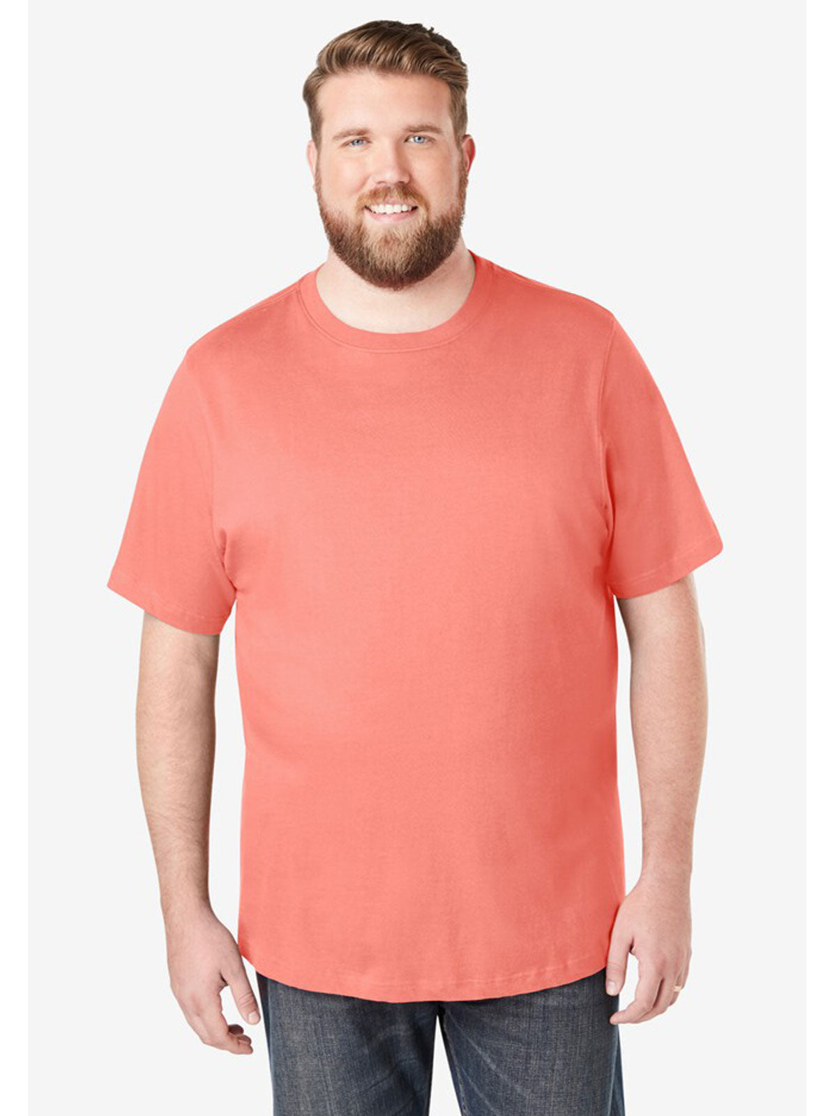 Plus-size Shrink-Less™ crewneck T-shirt with a relaxed fit, durable taped seams, and shrink-resistant fabric for lasting comfort.