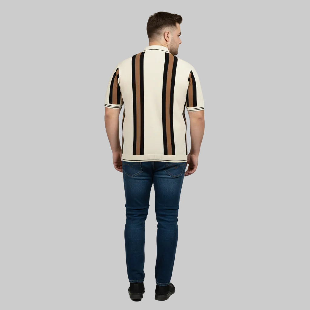 Cream Vertical Stripe Polo T-Shirt PSM-10637