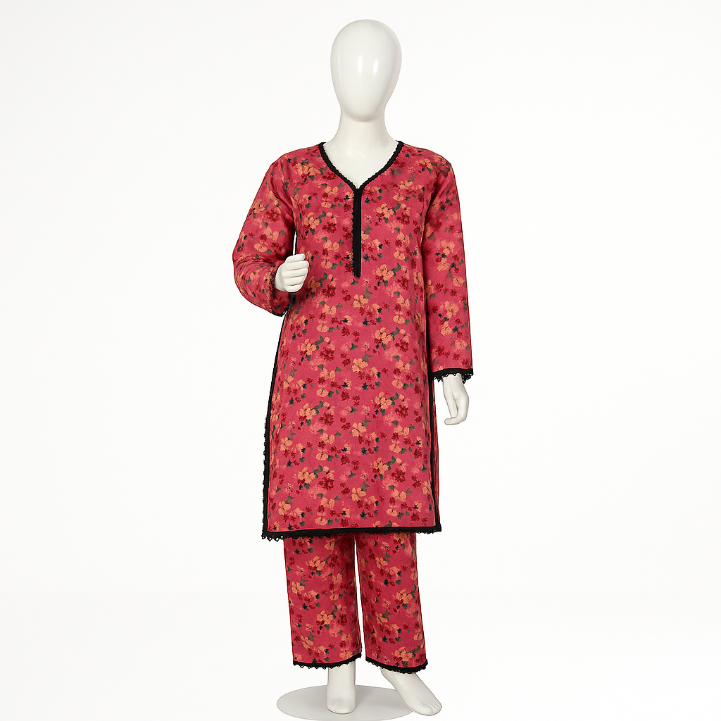 Crimson Bloom Plus Size Stitched Lawn Suit (2PC) – Red floral kurta and trouser set with black lace detailing, displayed on mannequin against white background.