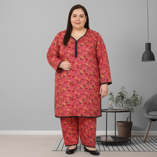 Crimson Bloom Plus Size Stitched Lawn Suit (2PC) – Red floral kurta and trouser set with black lace detailing, displayed on mannequin against white background.