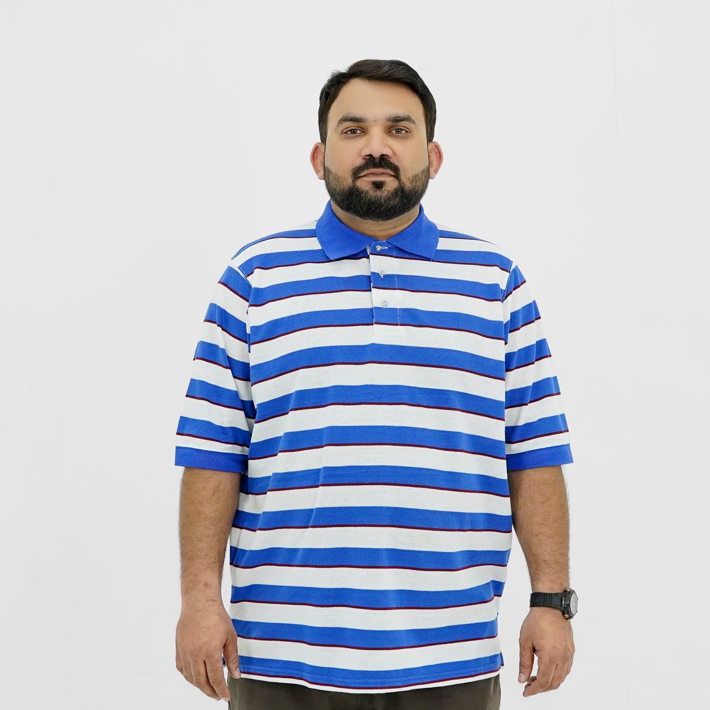 Plus Size Classic Blue Striped Polo Shirt PSM-9214