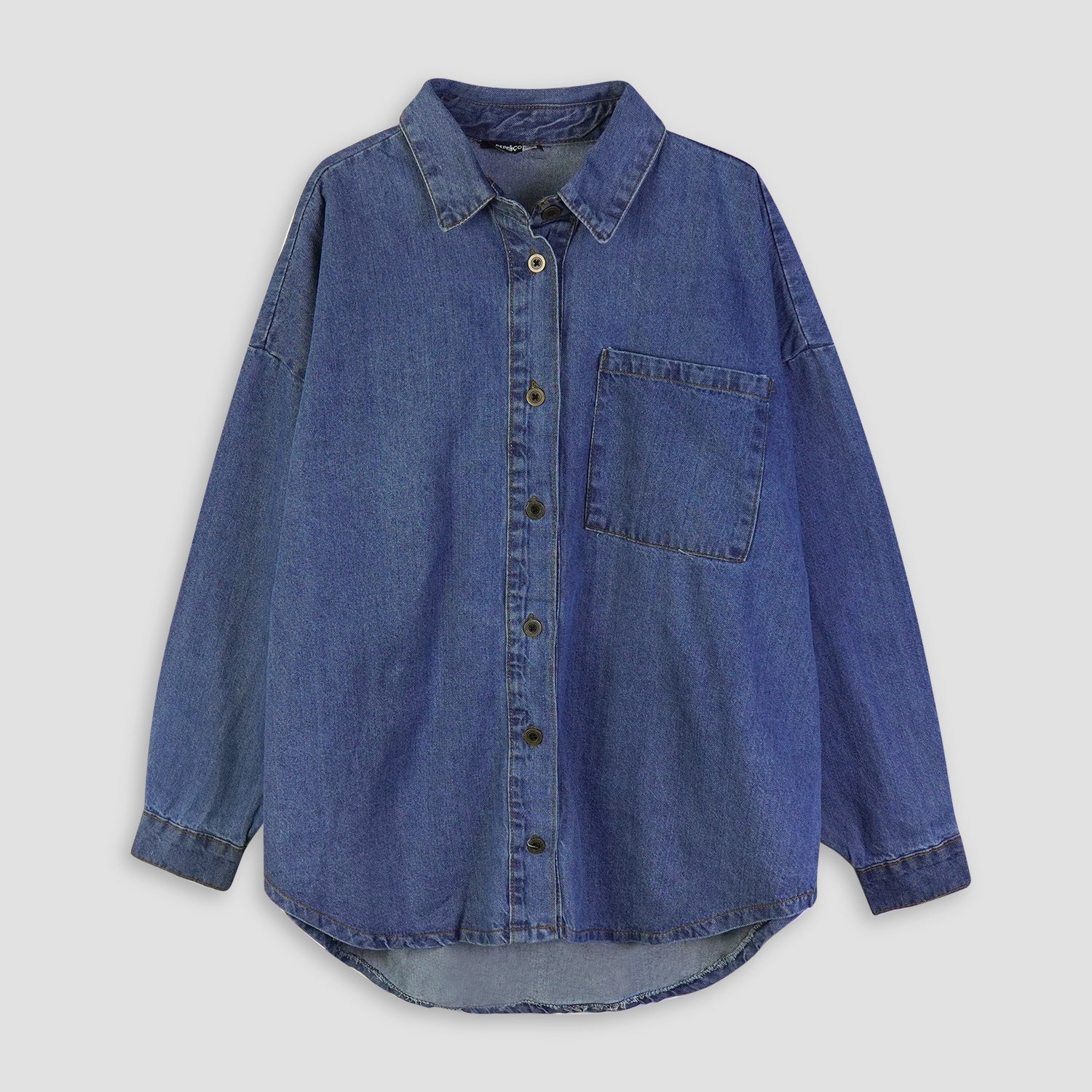Plus-Size Classic Denim Button-Down Shirt with Chest Pocket and Long Sleeves – Relaxed Fit