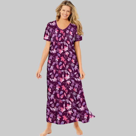 Dark berry long T-shirt lounger with graceful foliage print and soft breathable fabric