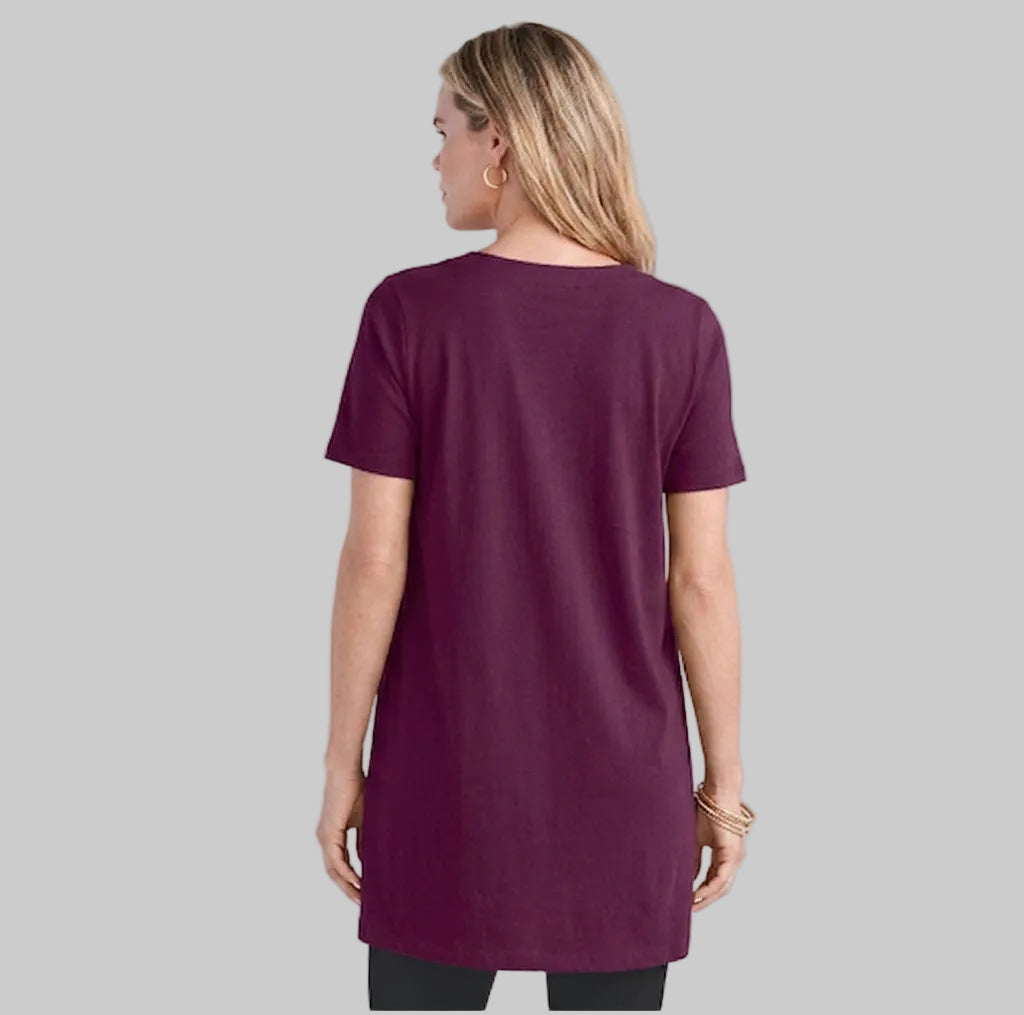 Dark berry pleatneck women’s cotton tunic with sweetheart neckline and swing silhouette on white background.