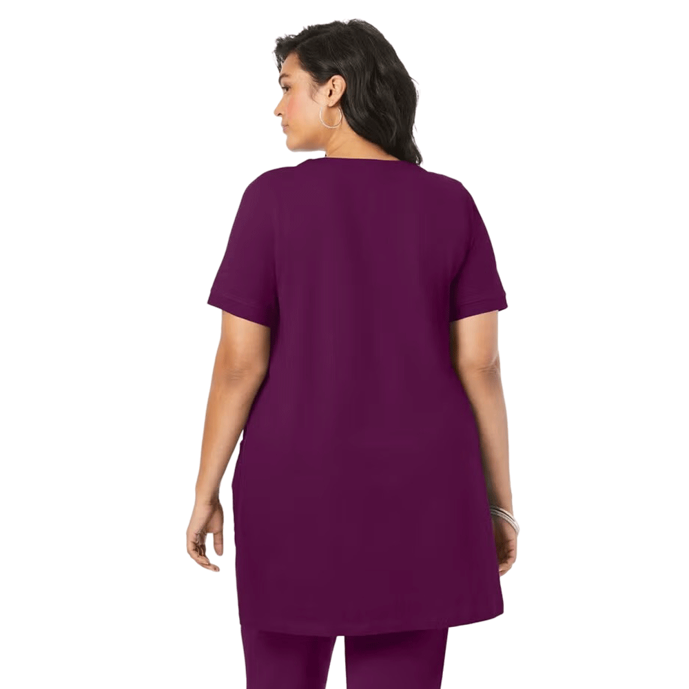 Dark Berry Two Pocket Soft Knit Tunic featuring short sleeves, a scoop neckline, and a relaxed fit for stylish comfort.
