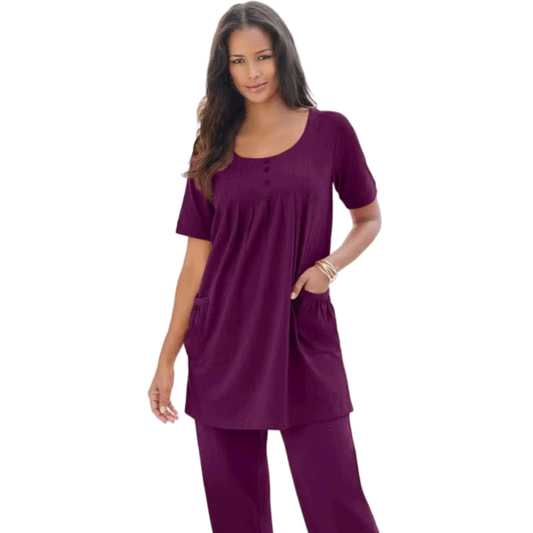 Dark Berry Two Pocket Soft Knit Tunic featuring short sleeves, a scoop neckline, and a relaxed fit for stylish comfort.