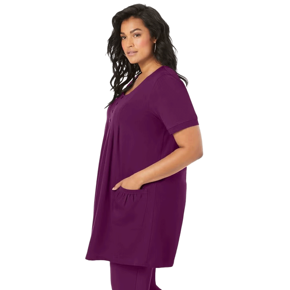 Dark Berry Two Pocket Soft Knit Tunic featuring short sleeves, a scoop neckline, and a relaxed fit for stylish comfort.