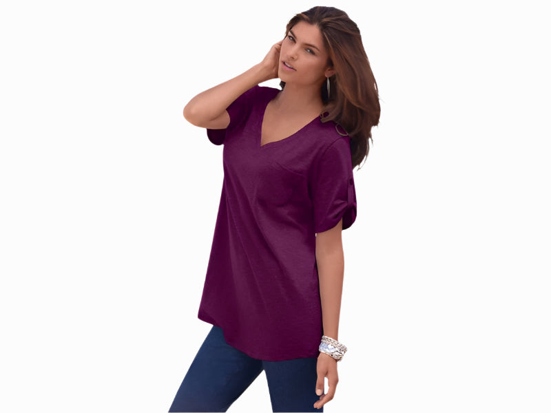 Plus-size textured knit tunic with roll-tab sleeves, a chest pocket, and a high-low hem. Made from breathable pure cotton for effortless everyday style.
