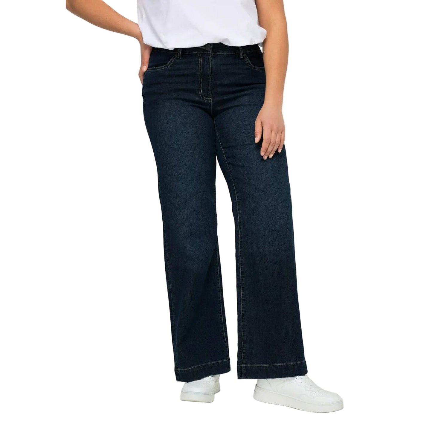 “Dark Blue Stretch Comfort Flare Jeans – plus size regular fit long flared denim with regular stretch”