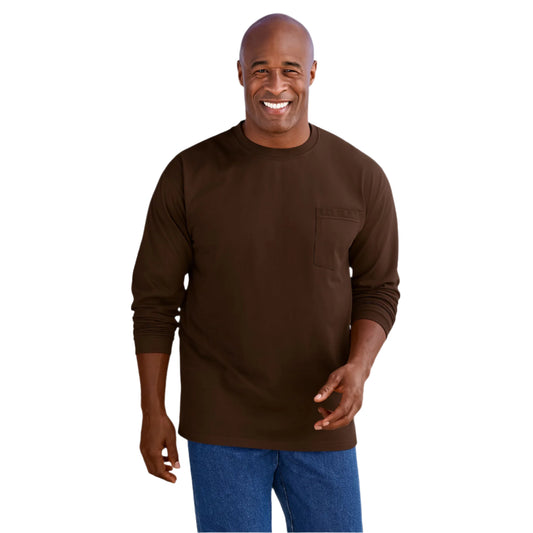 Dark brown long sleeve crewneck pocket tee for big and tall men – relaxed fit, heavyweight cotton.