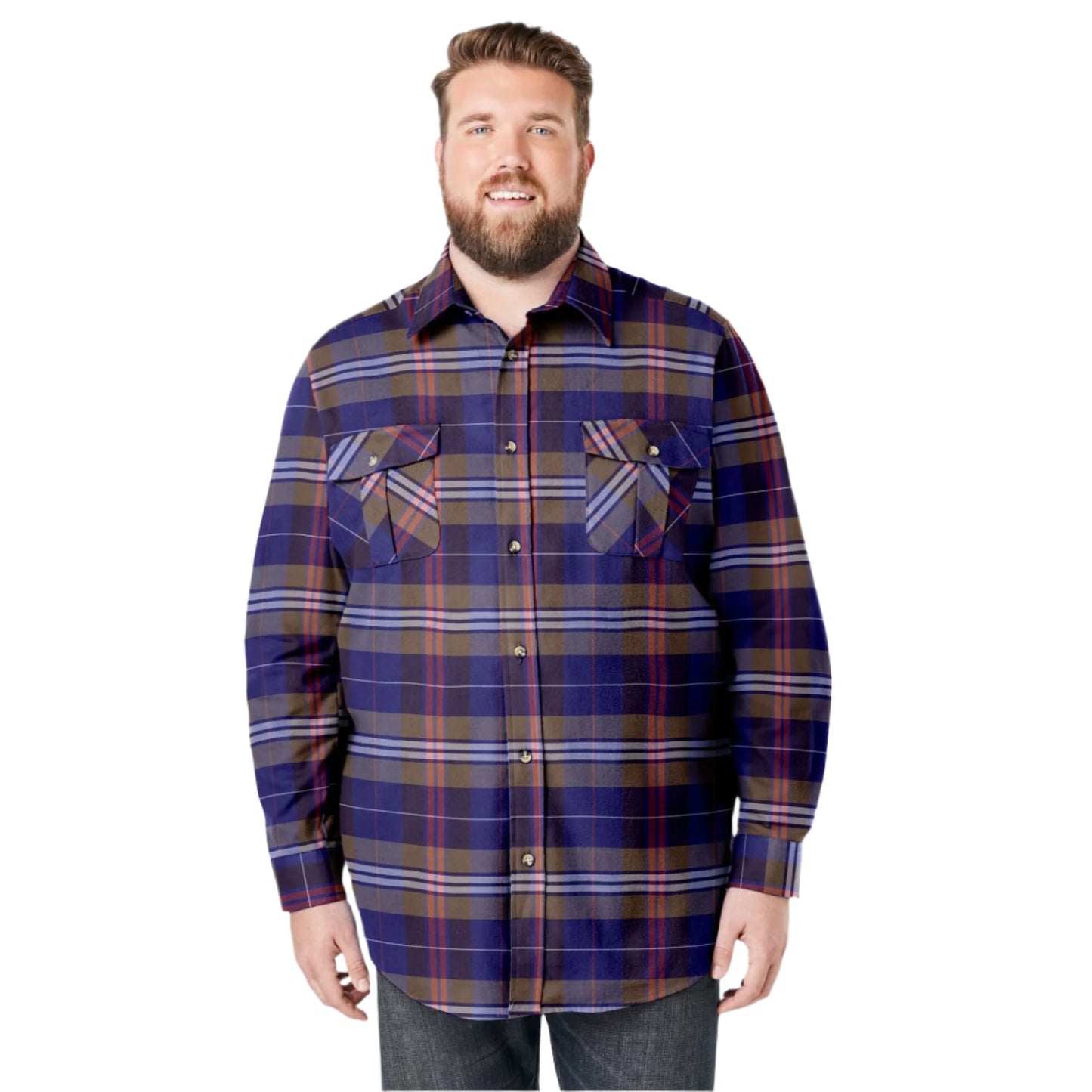 Dark brown plaid flannel shirt with chest pockets and classic collar, made from soft double-brushed cotton.