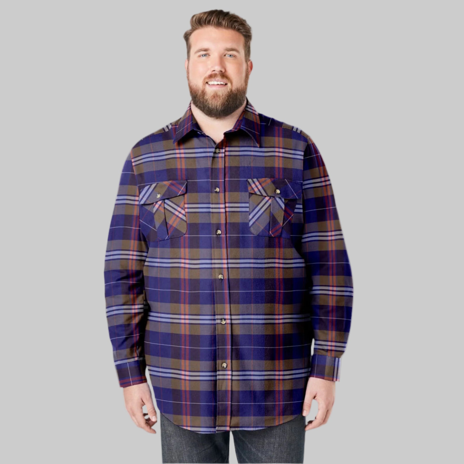 Dark brown plaid flannel shirt with chest pockets and classic collar, made from soft double-brushed cotton.