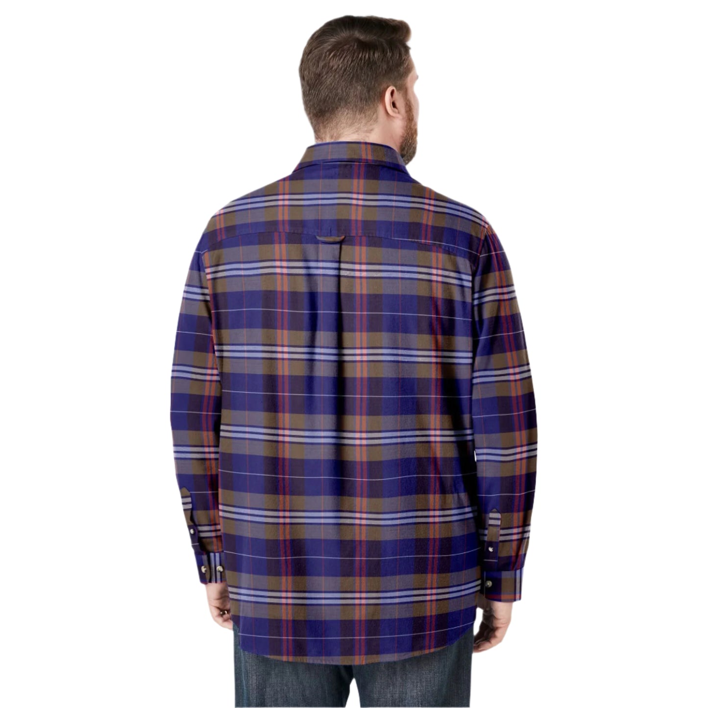 Dark brown plaid flannel shirt with chest pockets and classic collar, made from soft double-brushed cotton.