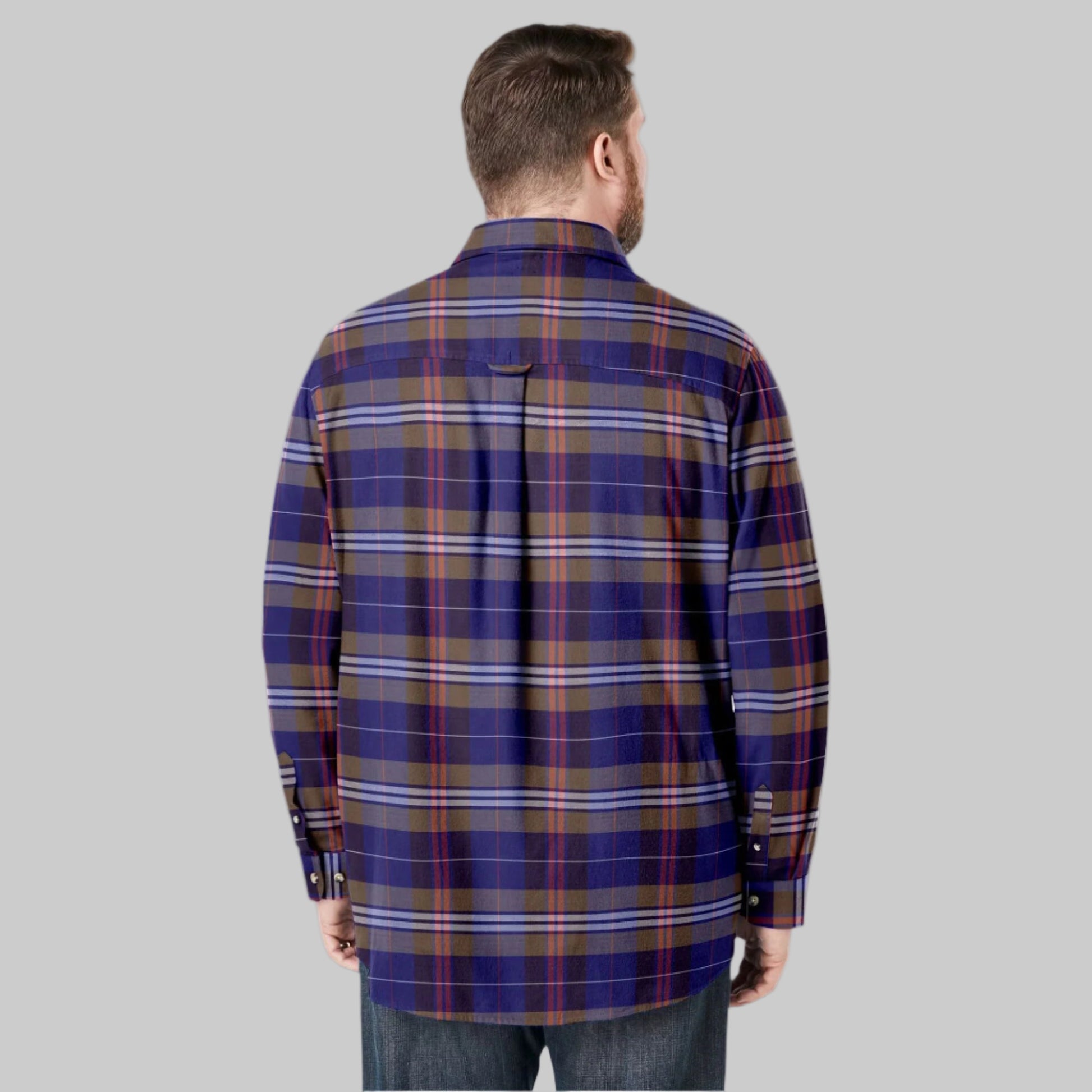 Dark brown plaid flannel shirt with chest pockets and classic collar, made from soft double-brushed cotton.