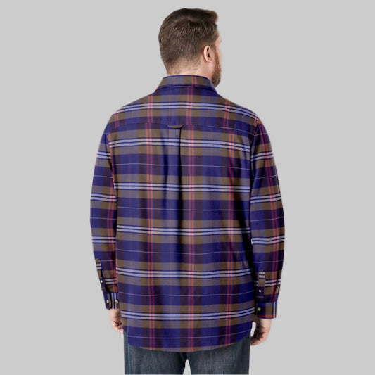 Dark brown plaid flannel shirt with chest pockets and classic collar, made from soft double-brushed cotton.