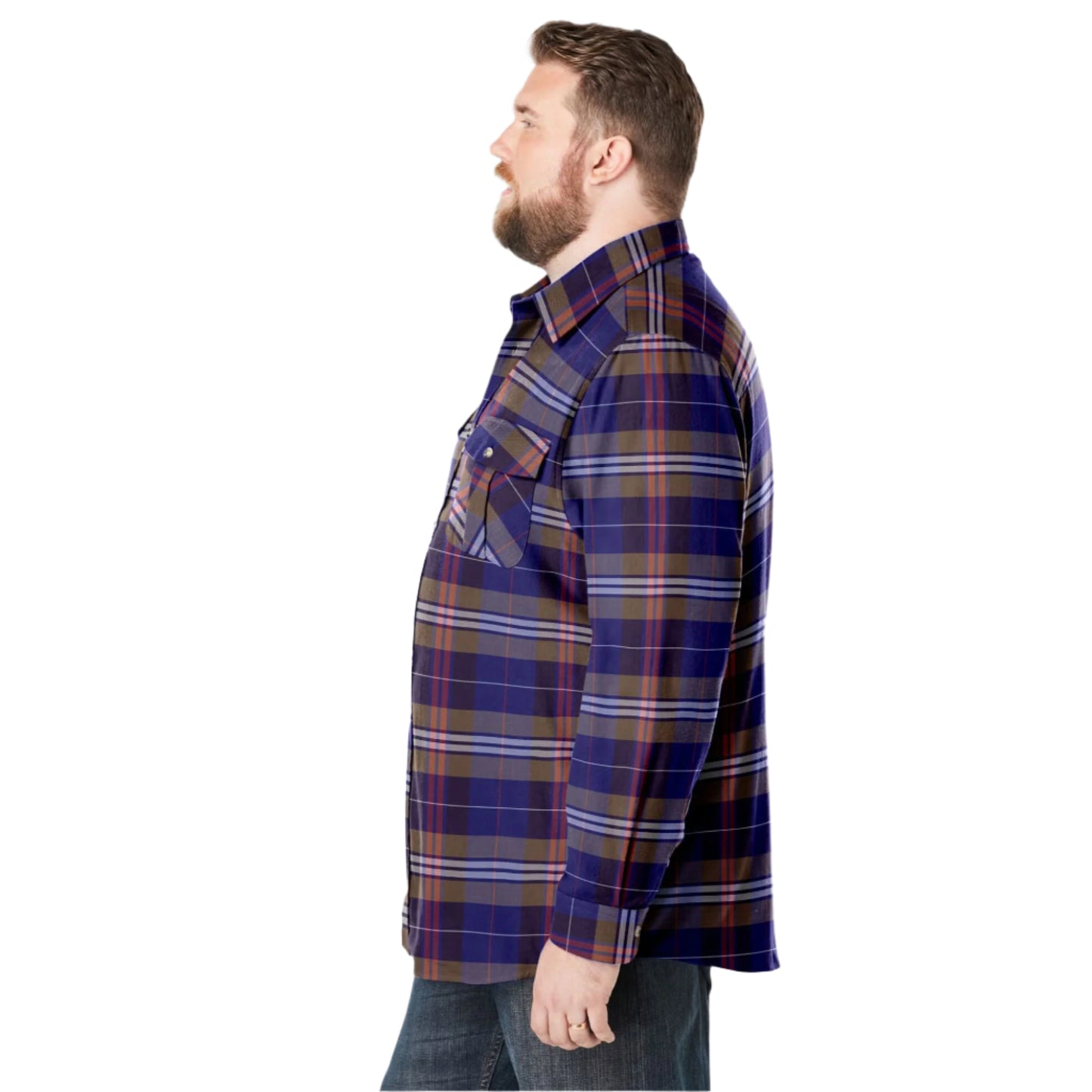 Dark brown plaid flannel shirt with chest pockets and classic collar, made from soft double-brushed cotton.