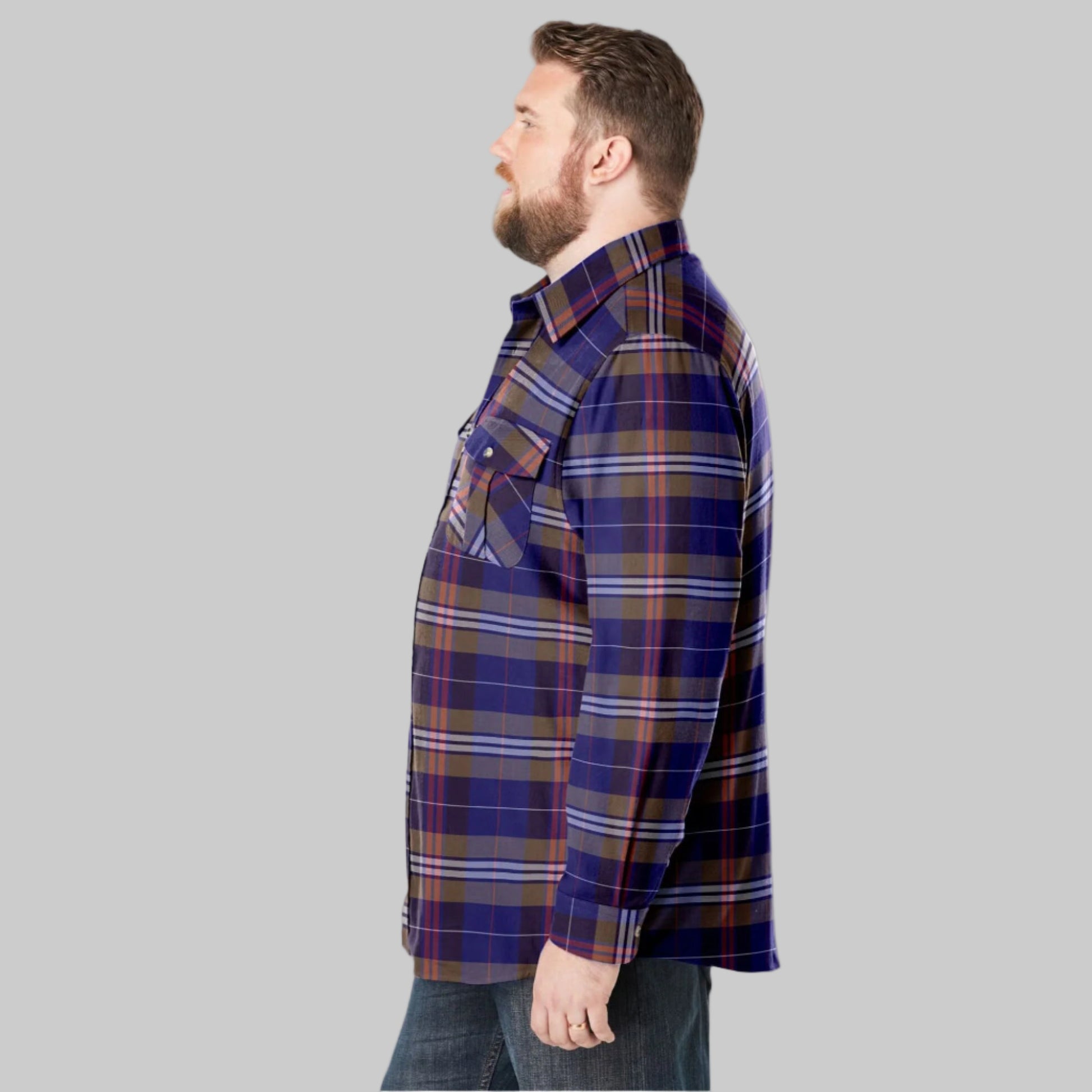 Dark brown plaid flannel shirt with chest pockets and classic collar, made from soft double-brushed cotton.