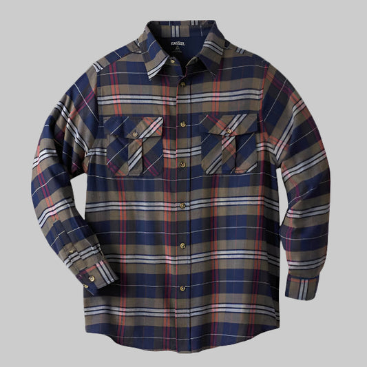 Dark brown plaid flannel shirt with chest pockets and classic collar, made from soft double-brushed cotton.