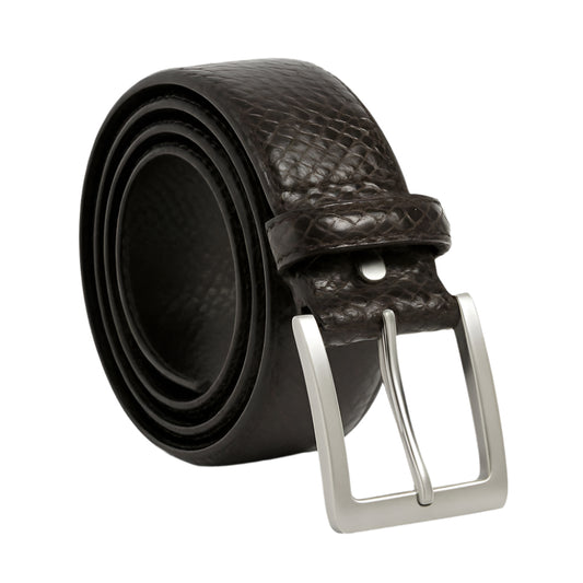 Dark brown snakeskin-textured plus-size leather belt with silver buckle on a white background.