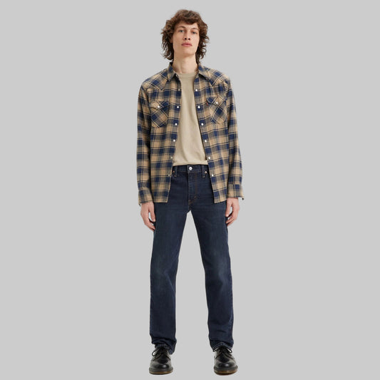 Flat lay of Dark Indigo Signature Slim Straight Jeans in dark indigo wash with high-stretch denim