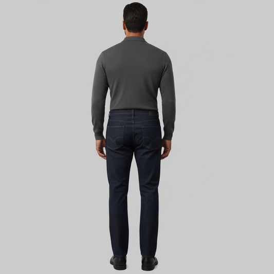 Dark indigo straight fit stretch denim jeans with mid-rise waist and zip fastening for men