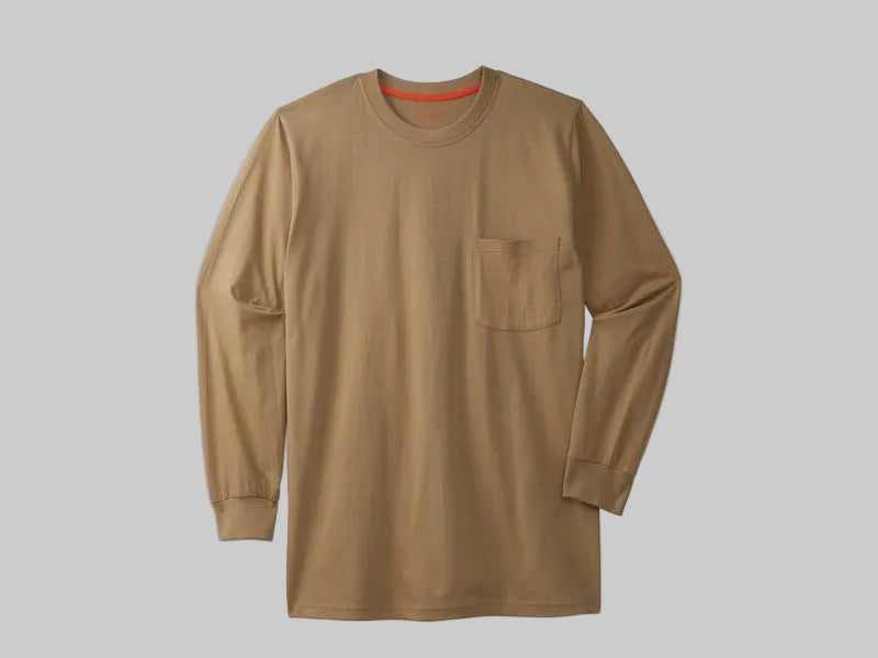 Dark Khaki Heavyweight Crewneck Long Sleeve Pocket T-Shirt in premium heavyweight fabric with a classic crewneck, long sleeves, and functional chest pocket.