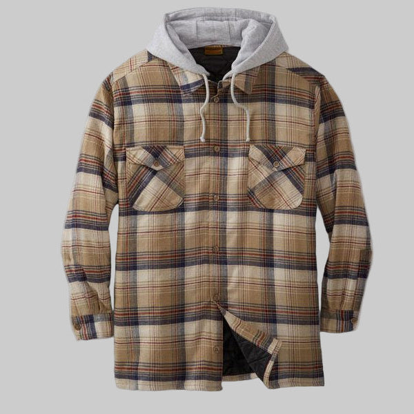 Dark Khaki Plaid Flannel Shirt Jacket with removable drawstring hood and button-down front, displayed on a neutral studio background.