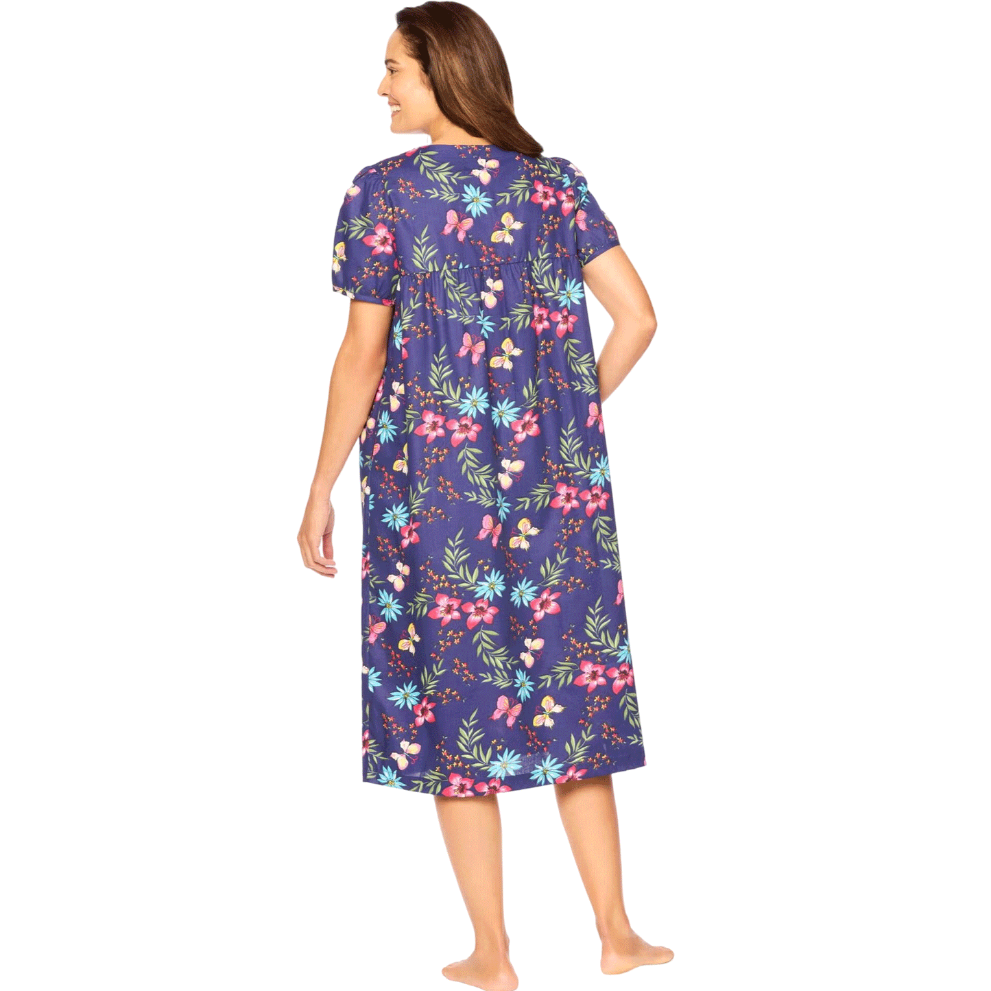 Plus-size short-sleeve lounger in dark navy with butterfly print, featuring a shirred yoke, side seam pockets,