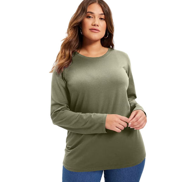 Plus-size model wearing Dark Olive Green Long-Sleeve Crewneck T-Shirt