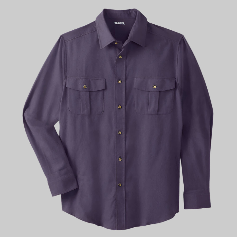 Dark purple solid flannel shirt with horn buttons and flap chest pockets, made from double-brushed cotton.