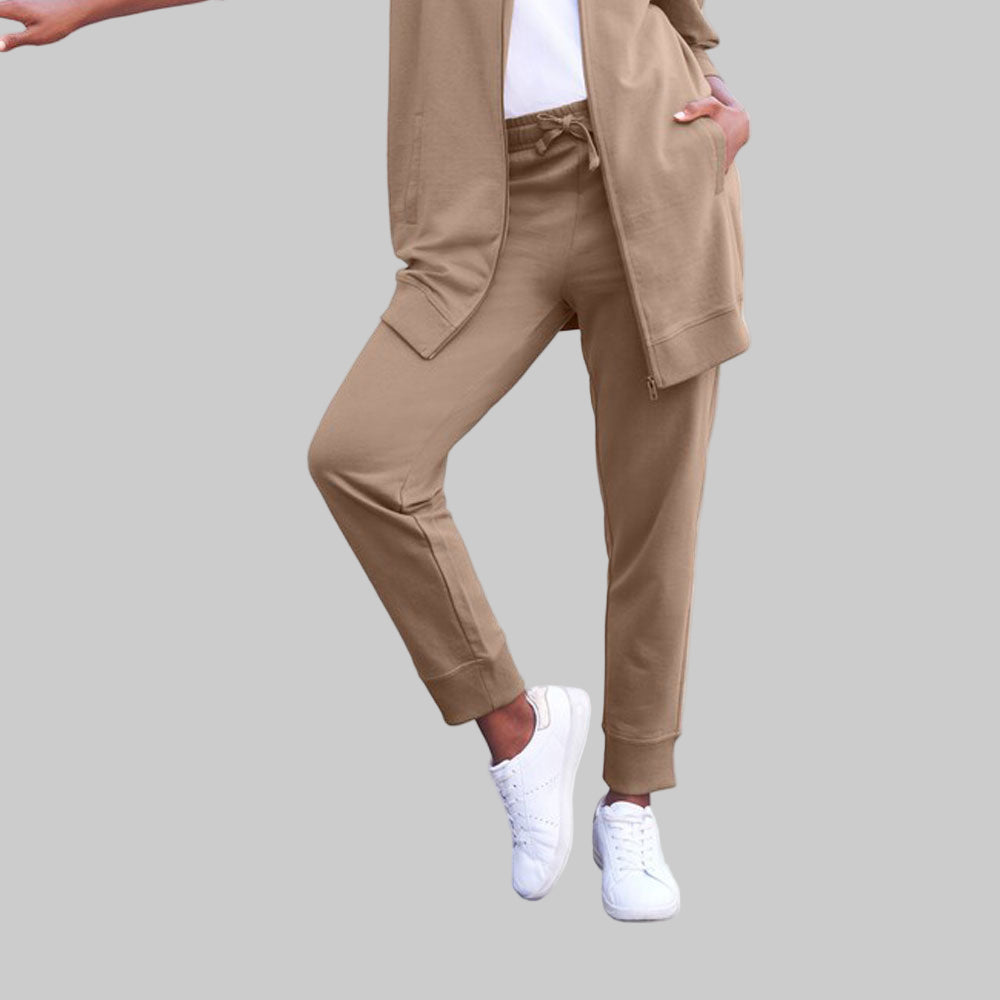 Dark Taupe French Terry Sweatpants with elastic waistband, drawstring, and ribbed cuffs — soft ankle-length plus size joggers for women.