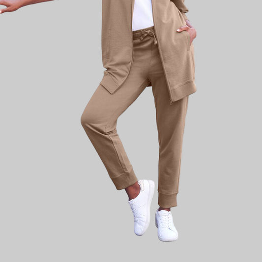 Dark Taupe French Terry Sweatpants with elastic waistband, drawstring, and ribbed cuffs — soft ankle-length plus size joggers for women.