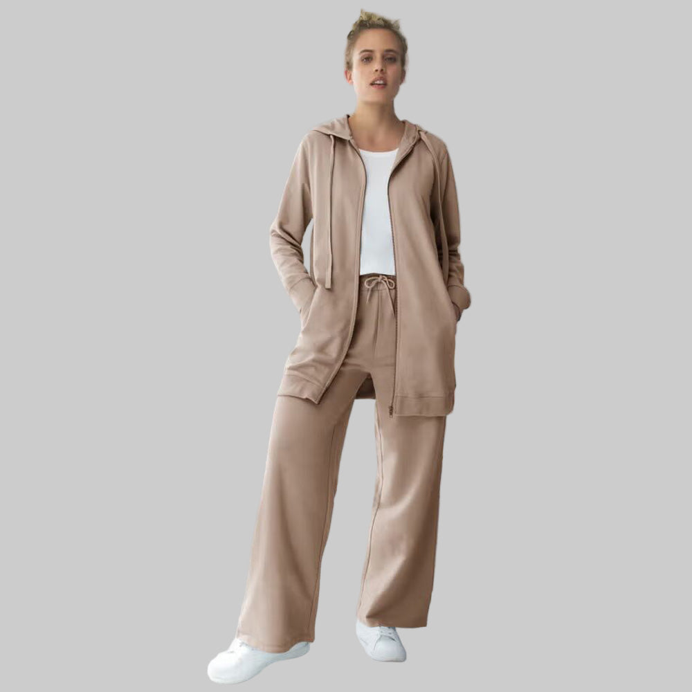 Dark Taupe Wide-Leg French Terry Sweatpants with elastic waistband, drawstring, and front pockets — soft full-length plus size lounge pants for women.