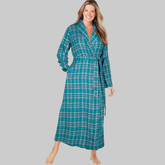 Dark Turquoise Plaid Long Flannel Robe PSW-7054