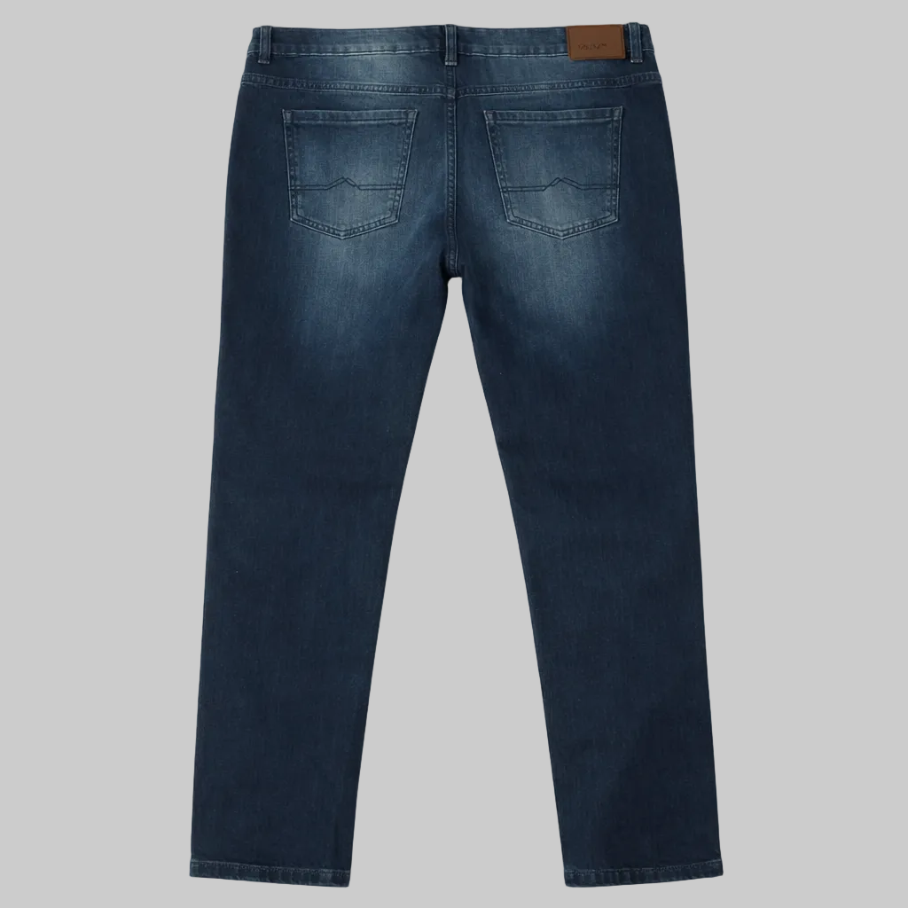 Men’s dark blue straight fit denim jeans laid flat showing classic five-pocket design and subtle fading.