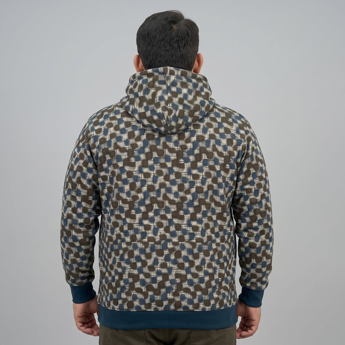 Dark Brown & Teal Trim Fleece Pullover Hoodie for Men in soft fleece fabric