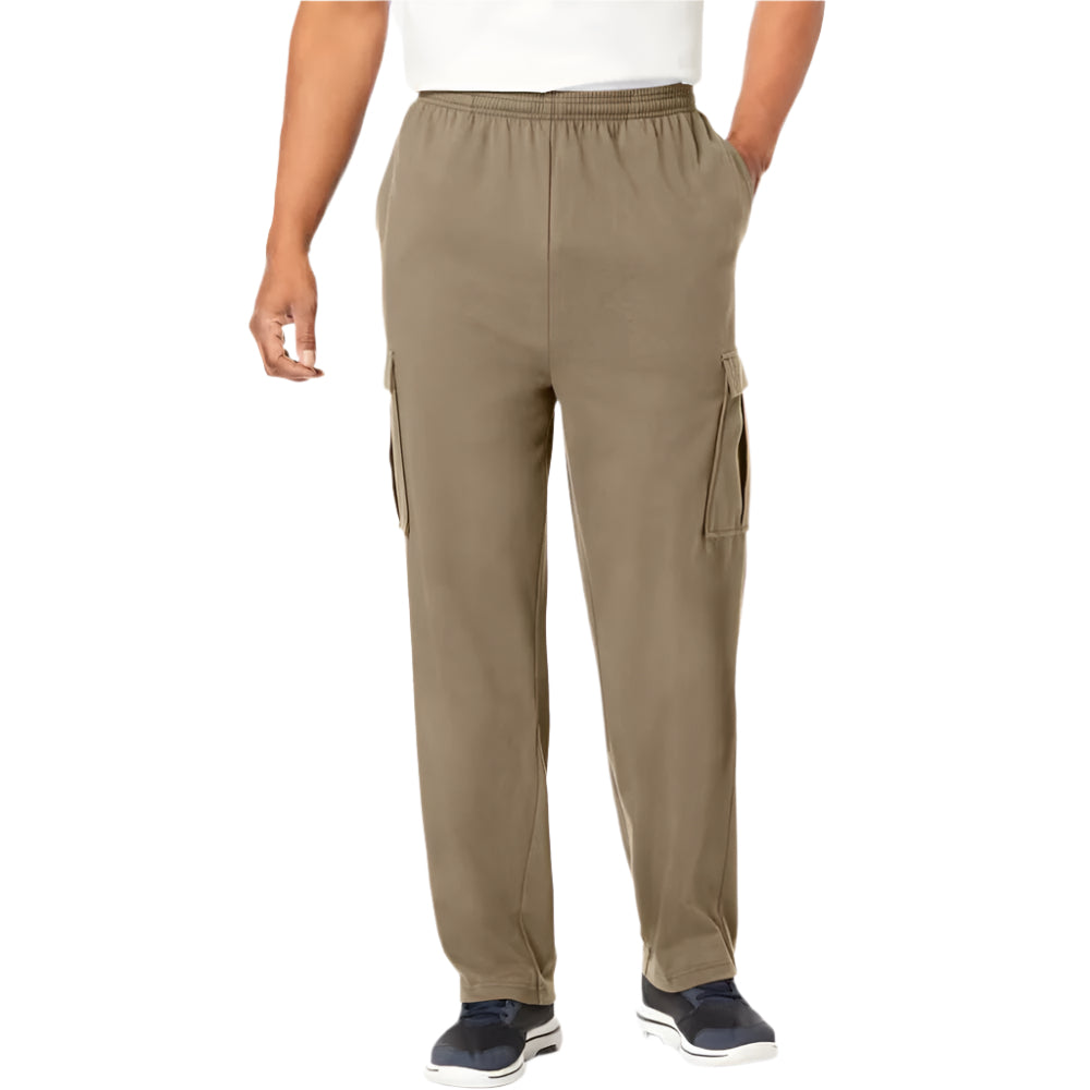 Plus-size men’s dark khaki jersey cargo pants with elastic waist and flap pockets – front view, casual fit