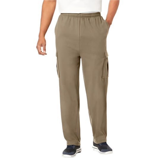 Plus-size men’s dark khaki jersey cargo pants with elastic waist and flap pockets – front view, casual fit