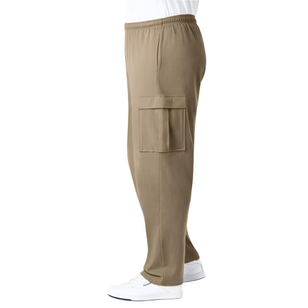 Plus-size men’s dark khaki jersey cargo pants with elastic waist and flap pockets – front view, casual fit