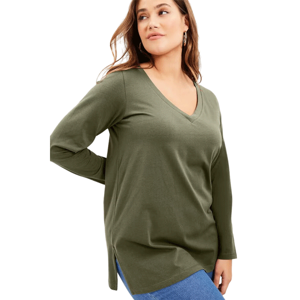 Woman wearing dark olive green long sleeve V-neck tunic made of cotton spandex knit