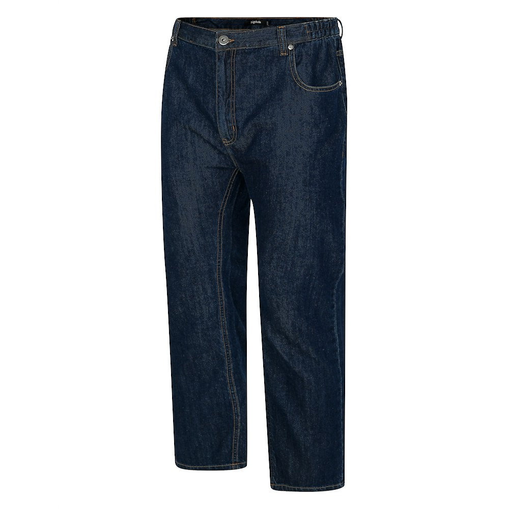 "Men’s dark wash elasticated waist jeans with straight leg, button and zip fastening, belt loops, and front and rear pockets in 100% cotton denim."