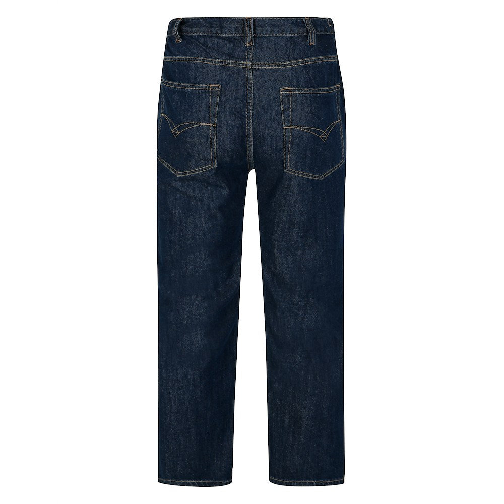"Men’s dark wash elasticated waist jeans with straight leg, button and zip fastening, belt loops, and front and rear pockets in 100% cotton denim."