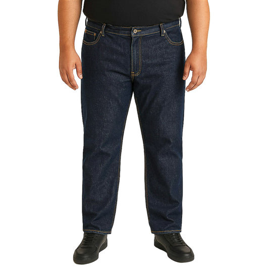 "Men’s dark wash elasticated waist jeans with straight leg, button and zip fastening, belt loops, and front and rear pockets in 100% cotton denim."