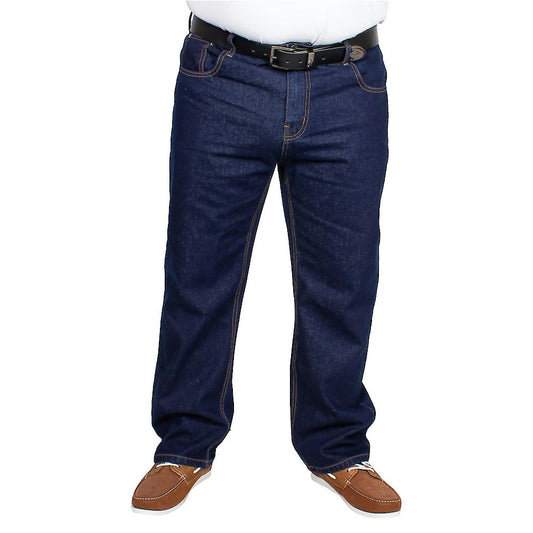 "Men’s dark wash straight leg stretch jeans with button and zip fastening, belt loops, two front pockets with coin pocket, and two rear stitched pockets."