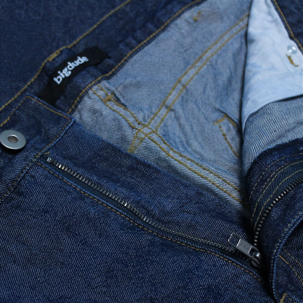 "Men’s dark wash straight leg stretch jeans with button and zip fastening, belt loops, two front pockets with coin pocket, and two rear stitched pockets."