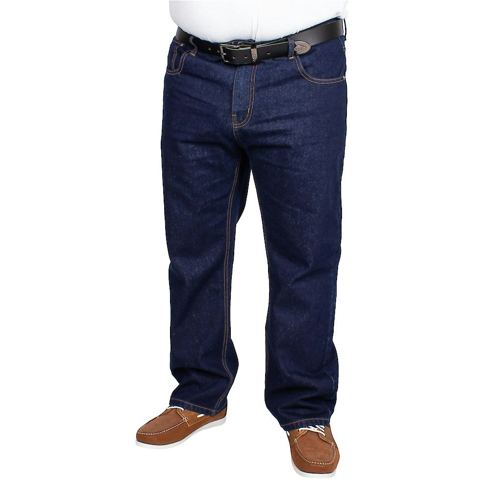 "Men’s dark wash straight leg stretch jeans with button and zip fastening, belt loops, two front pockets with coin pocket, and two rear stitched pockets."