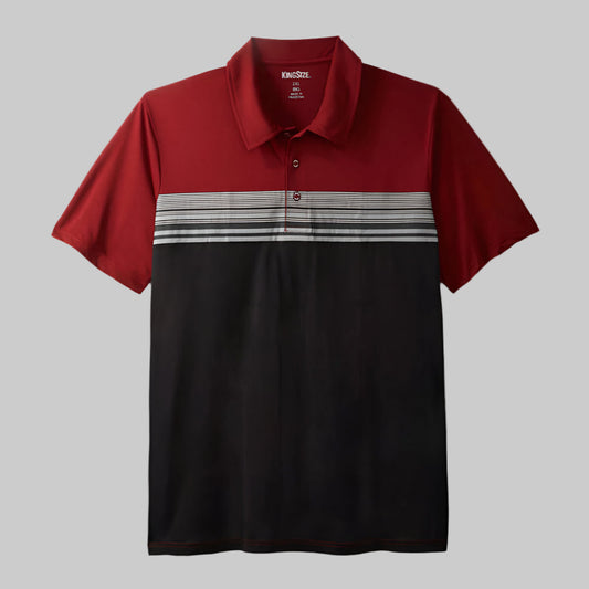 Deep Burgundy Colorblock Moisture-Wicking Polo Shirt with contrasting panels, featuring a breathable fabric and classic polo collar for comfort and active wear.
