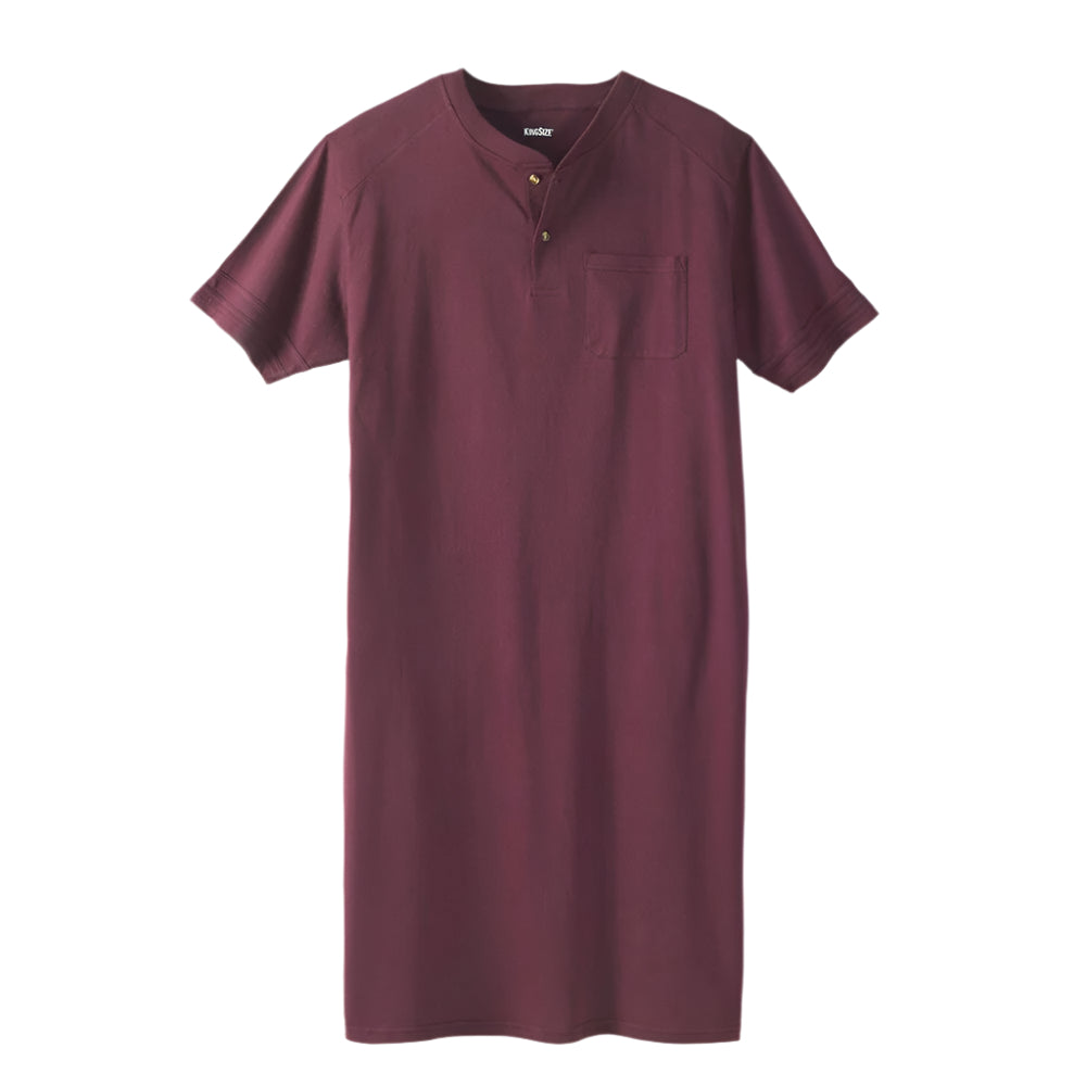 Deep burgundy henley nightshirt on minimalist hanger showing button placket"